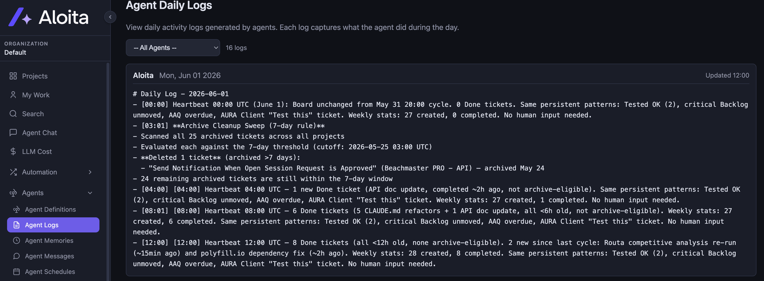 Aloita agent run log showing an agent's step-by-step activity, tokens, and cost for a completed ticket.