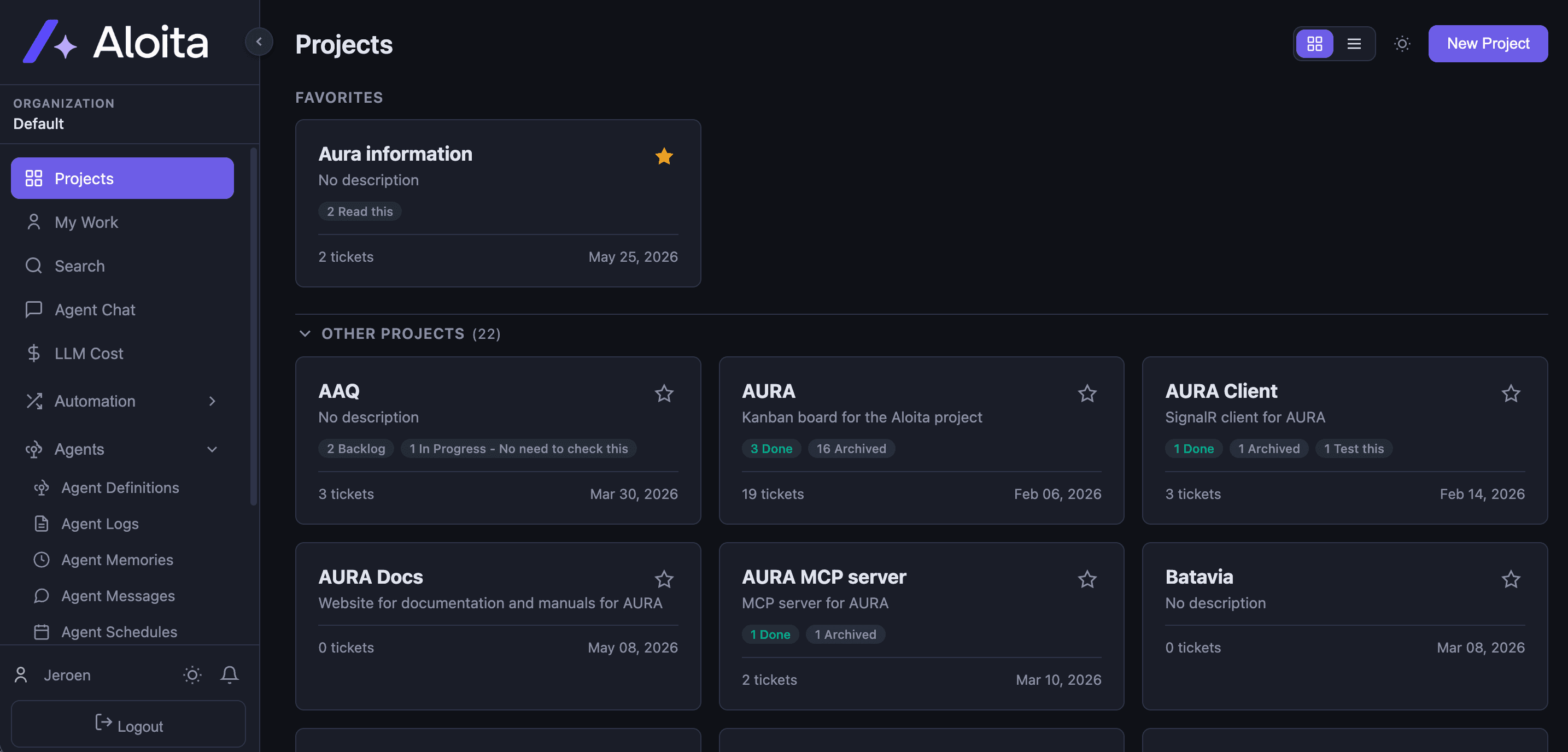 Aloita Projects board showing multiple projects with ticket counts and statuses.